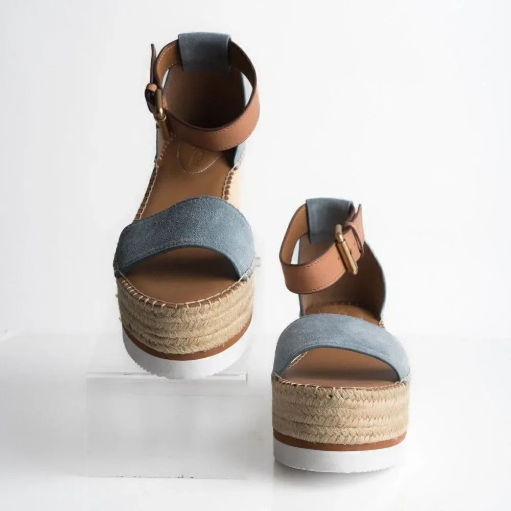 See By Chloe Womens Glyn Blue Suede Platform Espadrille Sandals US 10 EU 40 New
